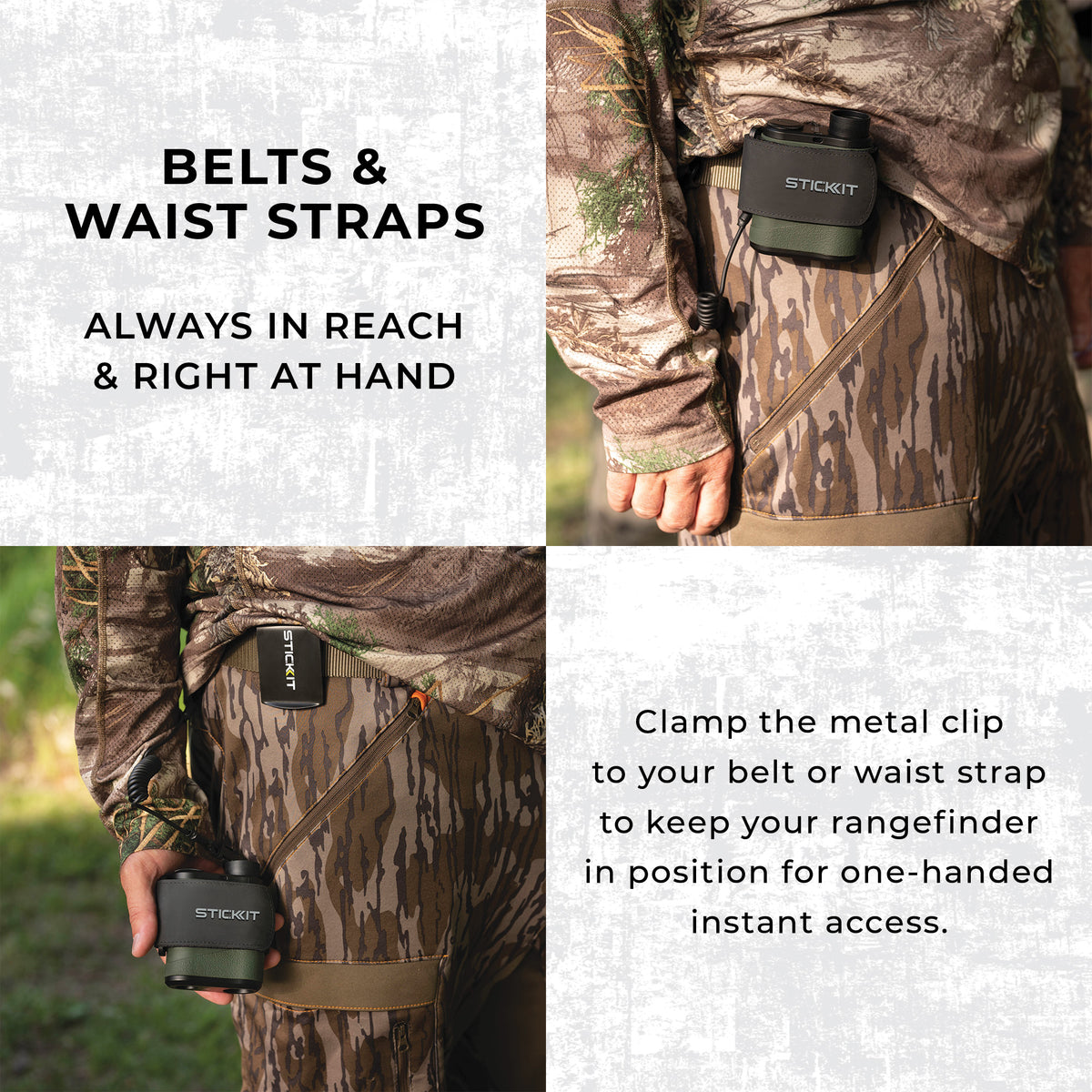 Camouflage waist strap with metal clip for rangefinder, durable fabric, designed for easy one-handed access.