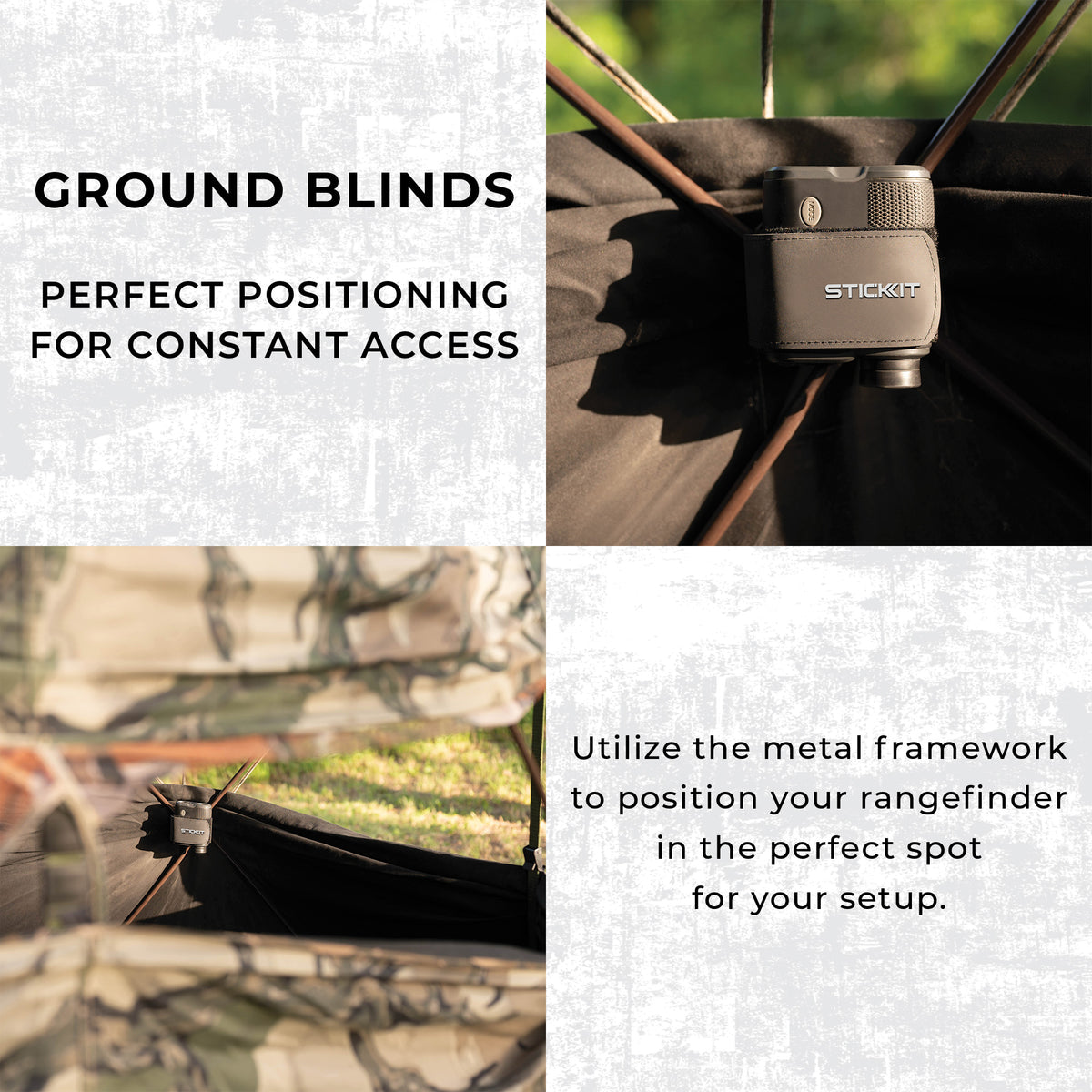 Camouflage ground blind with metal framework and StickIt rangefinder holder for easy access and positioning.