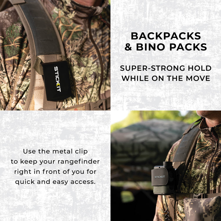 Camo rangefinder holder with metal clip for easy access, ideal for outdoor enthusiasts and hunters.