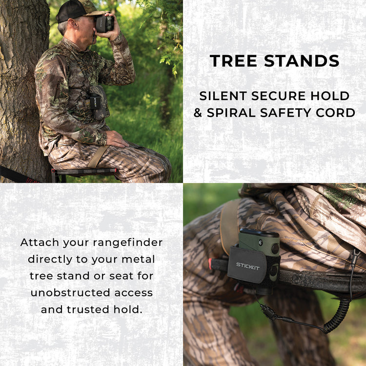 Camouflage rangefinder holder for tree stands, featuring silent secure hold and spiral safety cord for reliable access.