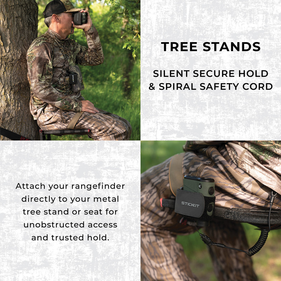 Camouflage rangefinder holder for tree stands, featuring silent secure hold and spiral safety cord for reliable access.