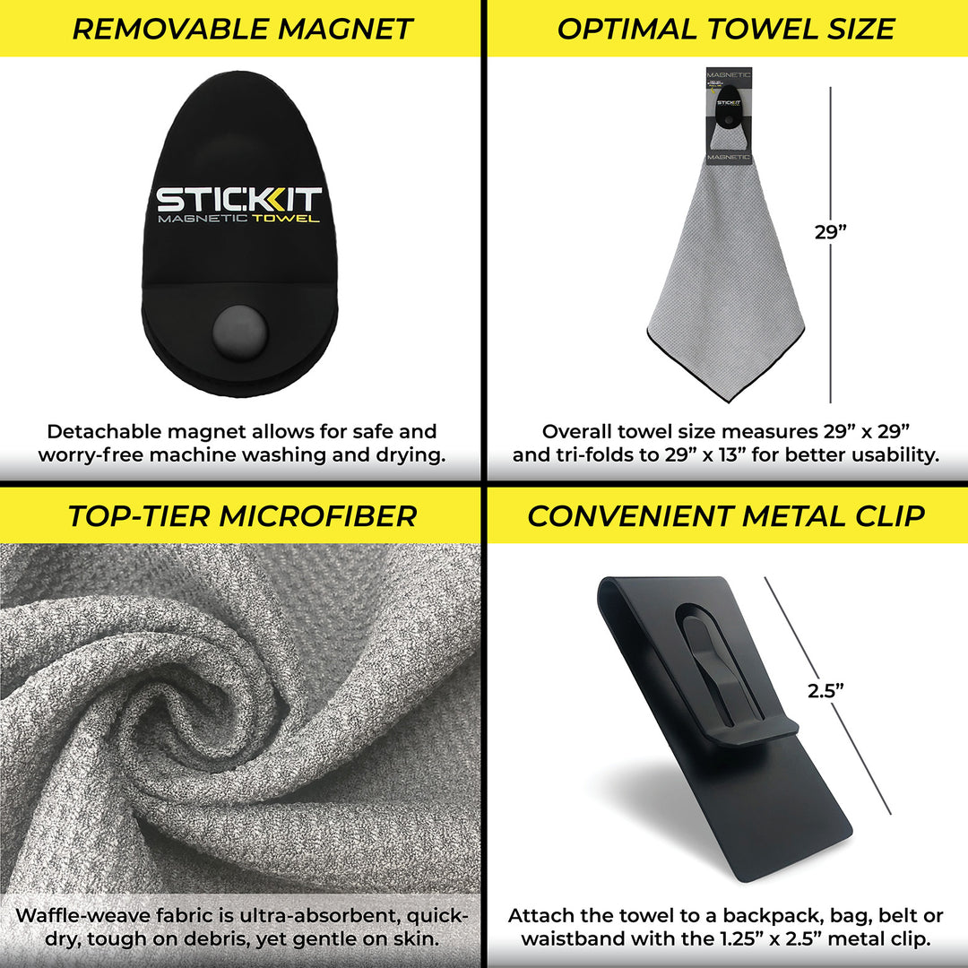 Gray microfiber magnetic towel with detachable clip, 29" x 29", ultra-absorbent and quick-drying, ideal for outdoor use.