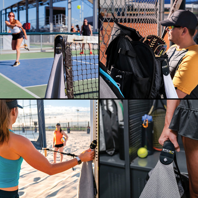 Stylish gray tennis towel with black clips, ideal for athletes. Perfect for courts and beach play.
