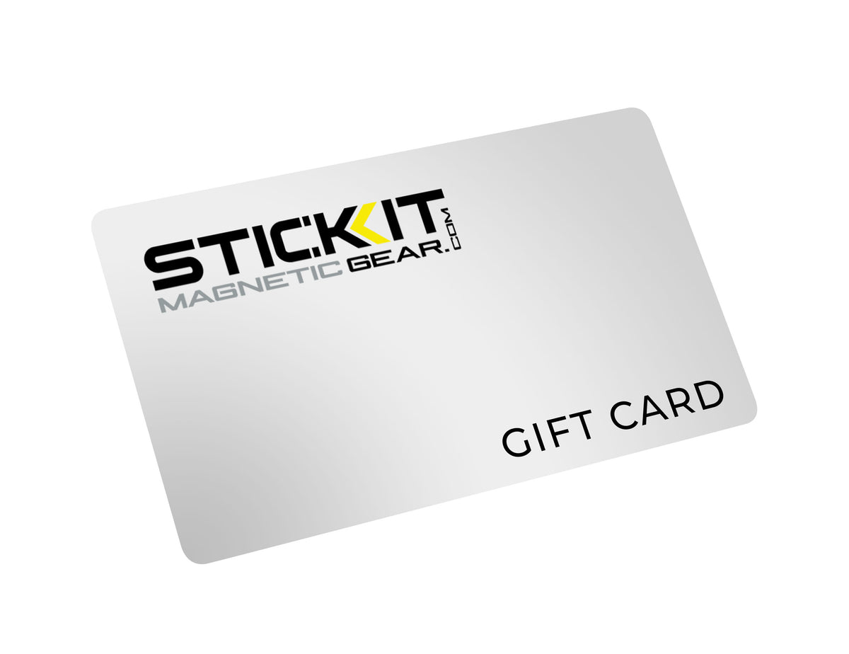 Silver gift card for Stickit Magnetic Gear, featuring a sleek design with bold black and yellow accents.