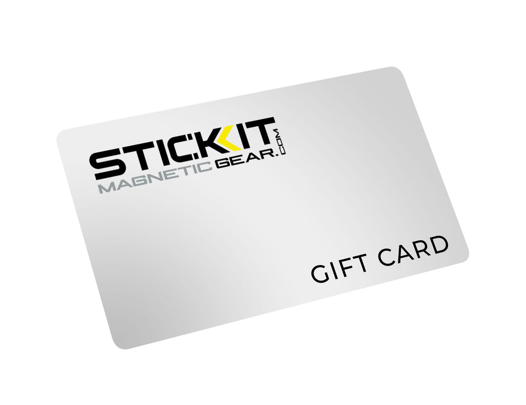 Silver gift card for Stickit Magnetic Gear, featuring a sleek design with bold black and yellow accents.
